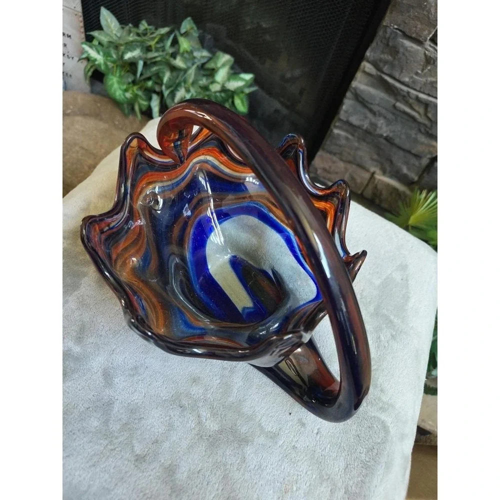 Hand Blown Art Glass Decorative Basket, Swirl Blue , Brown Amber, Handle